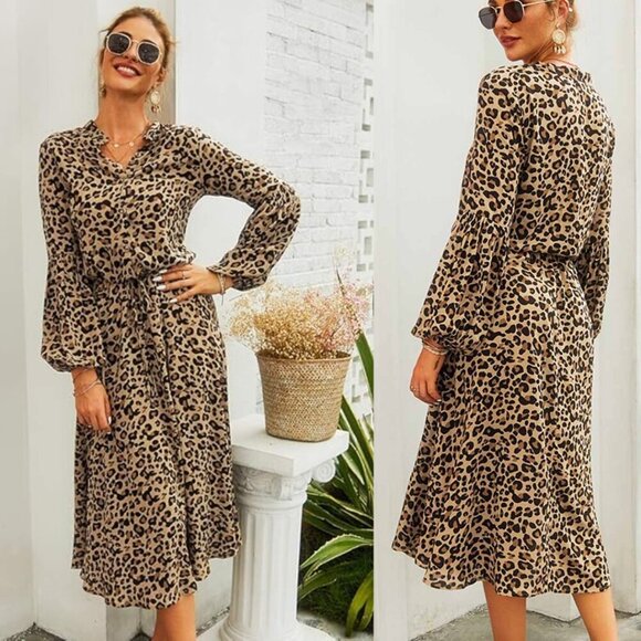 Leopard Cheetah Print Pattern Long Sleeve Midi Dress Button Cinch Waist Large - Picture 1 of 13